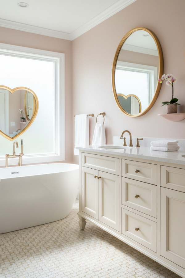 Modern Feminine Bliss Oval Bathroom Mirror, Oval Heart-Shaped Gold Mirror, Ivory Wooden Double Vanity, 1 Pink Ceramic Shelf Modern Feminine Bliss Oval Bathroom Mirror, Oval Heart-Shaped Gold Mirror, Ivory Wooden Double Vanity, 1 Pink Ceramic Shelf