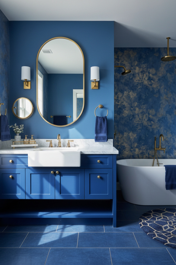 Modern Bold Tranquility Oval Bathroom Mirror, Oval White Ceramic Mirror, Navy Blue Single Vanity, 1 White Marble Tray Modern Bold Tranquility Oval Bathroom Mirror, Oval White Ceramic Mirror, Navy Blue Single Vanity, 1 White Marble Tray