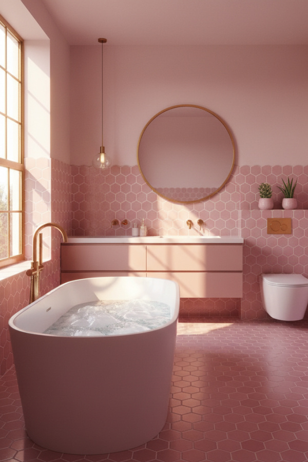 Rose Pink Hexagon Floor Tiles In A Vibrant Modern Bathroom
