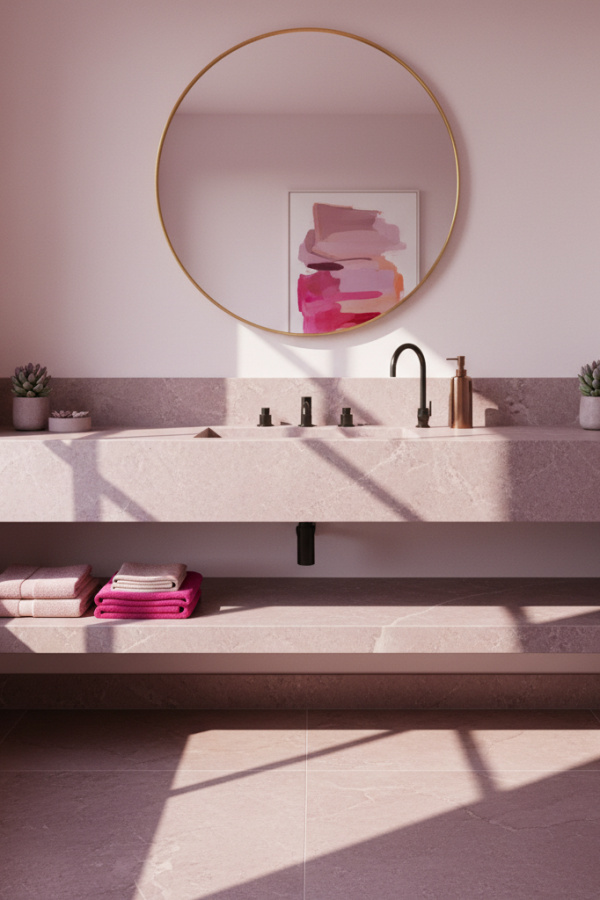 Dusty Mauve Soapstone Countertop In A Modern Minimalist Bathroom