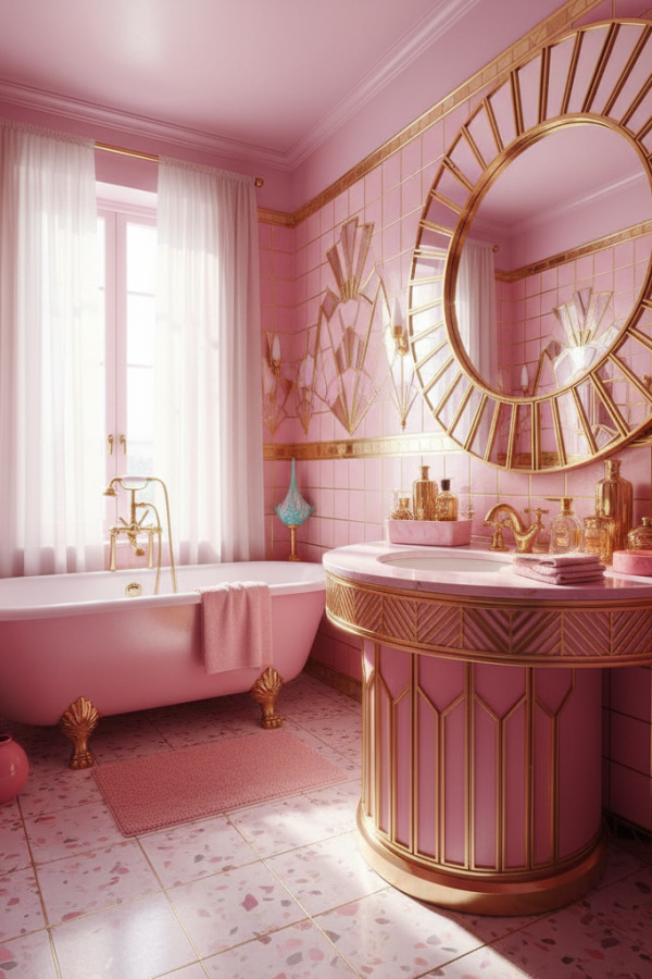 Flamingo Pink Round Vanity Mirror In A Bright Art Deco Bathroom