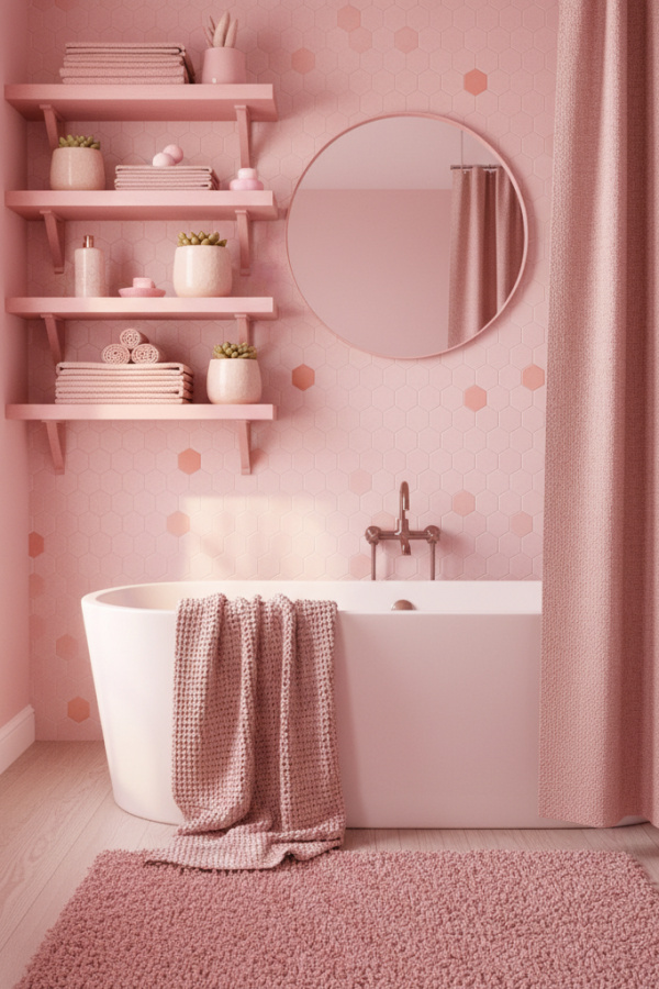 Millennial Pink Floating Shelves In A Soft Scandinavian Bathroom