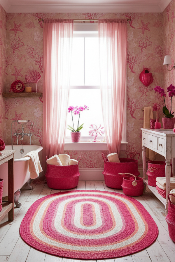 Raspberry Pink Woven Storage Baskets In A Sunlit Coastal Bathroom