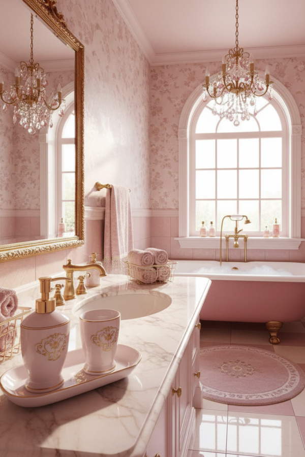 Ballet Pink Porcelain Soap Dispenser Set In A Delicate Romantic Bathroom