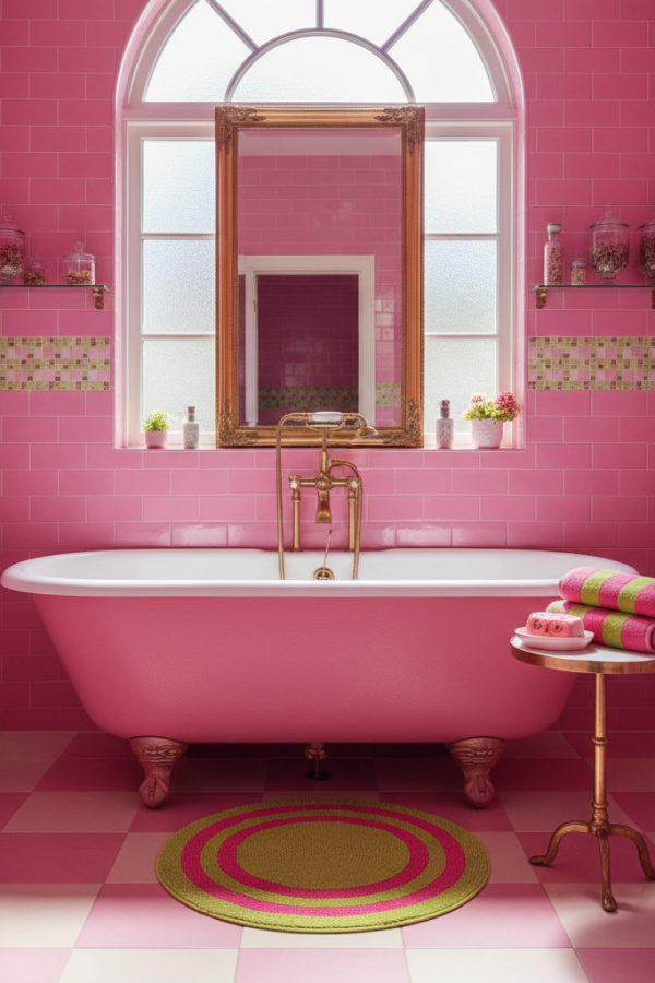 Watermelon Pink Vintage Clawfoot Tub In A Vibrant Retro Bathroom