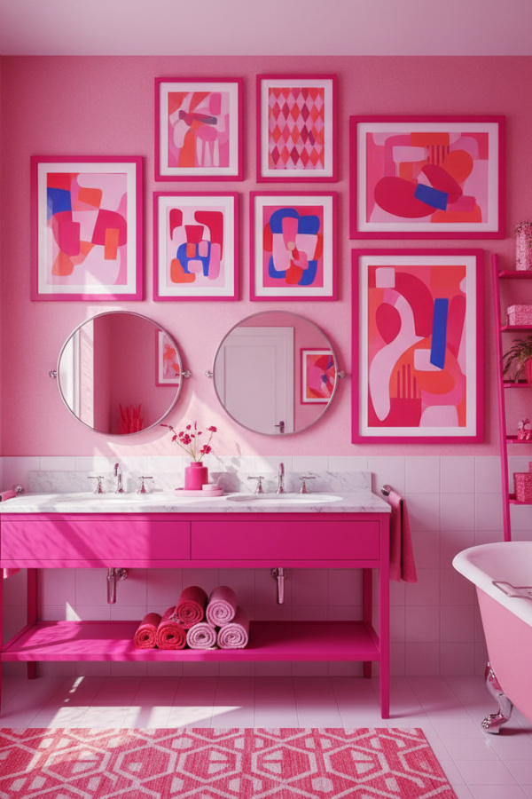 Hot Pink Framed Artwork Gallery Wall In A Bright Contemporary Bathroom