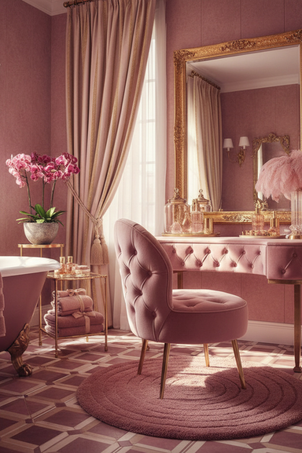 Dusty Rose Velvet Vanity Chair In An Elegant Glam Bathroom