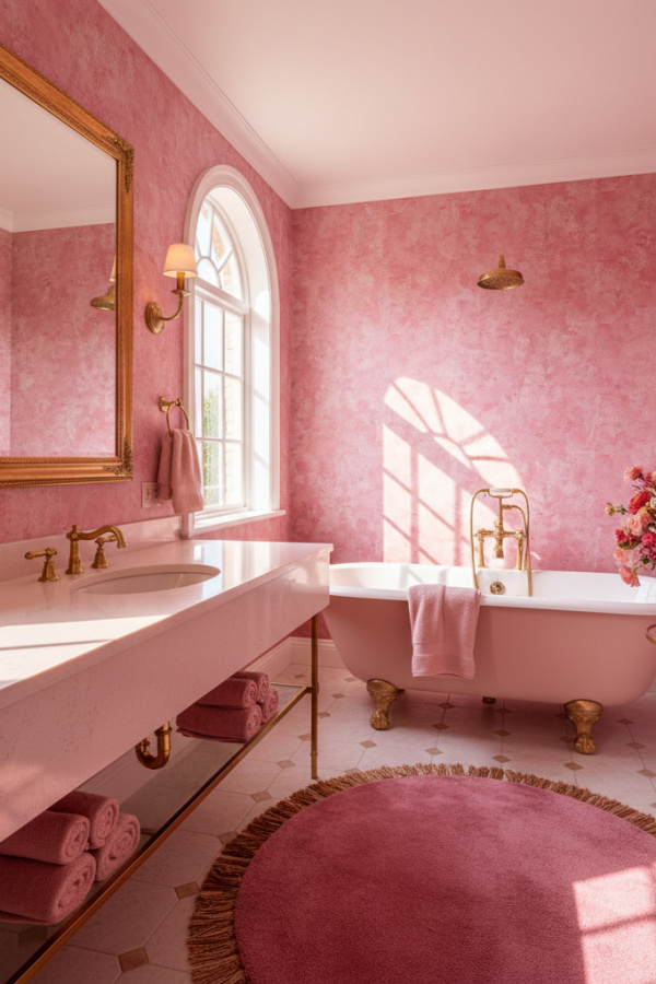 Blush Pink Quartz Vanity Top In A Sunlit Romantic Bathroom