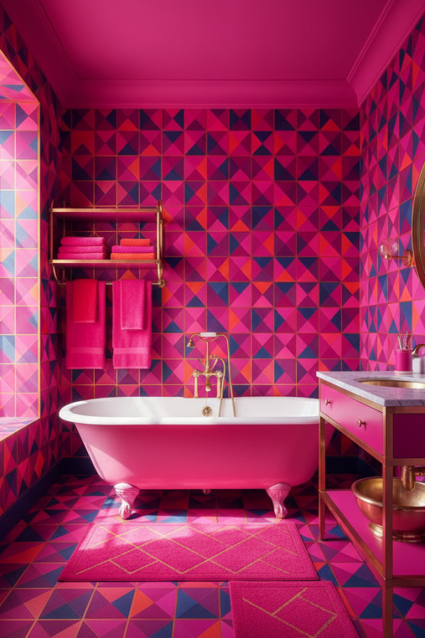 Fuchsia Pink Geometric Wallpaper In A Vibrant Maximalist Bathroom
