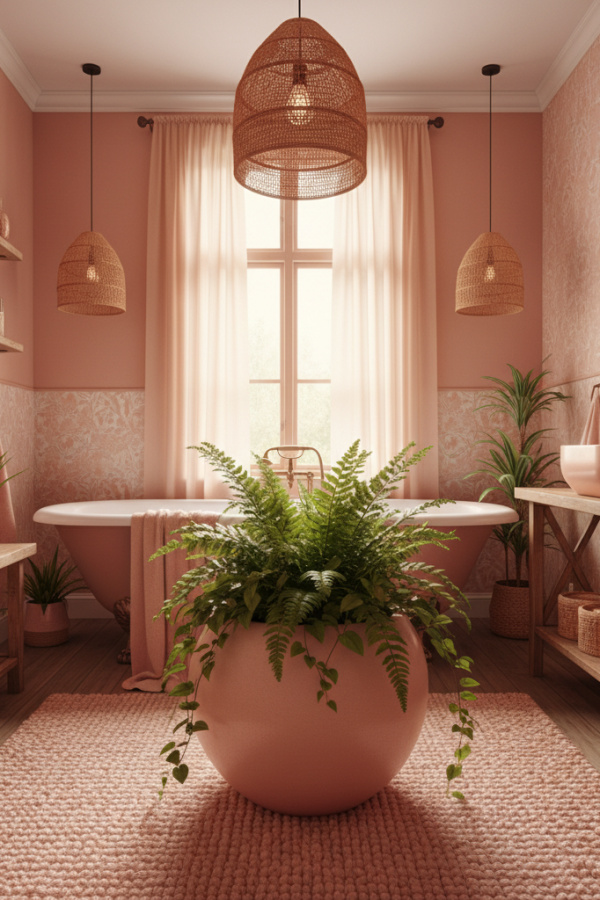 Peach Pink Ceramic Planter With Greenery In A Soft Bohemian Bathroom