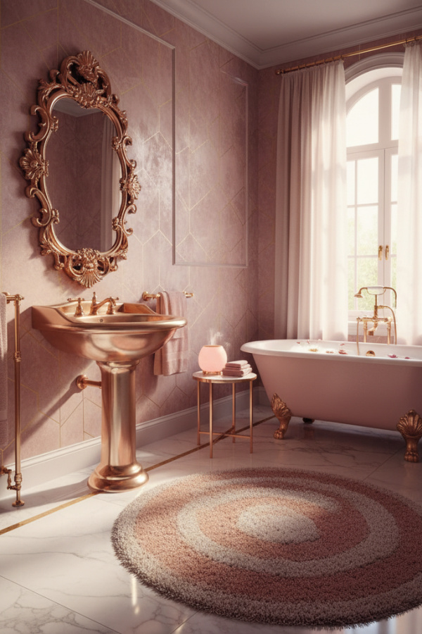 Rose Gold And Soft Pink Pedestal Sink In A Luxe Bathroom