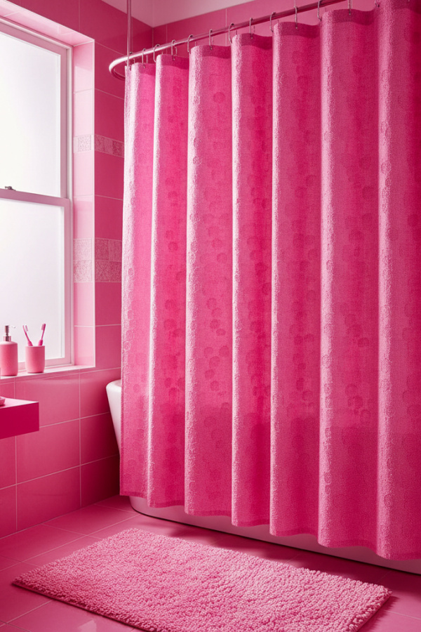 Bubblegum Pink Textured Shower Curtain In A Bright Playful Bathroom