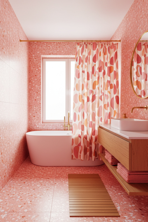 Salmon Pink Terrazzo Backsplash In A Sunlit Contemporary Bathroom