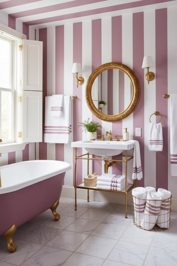 Mauve Pink And White Striped Towel Display In A Muted Bold Bathroom
