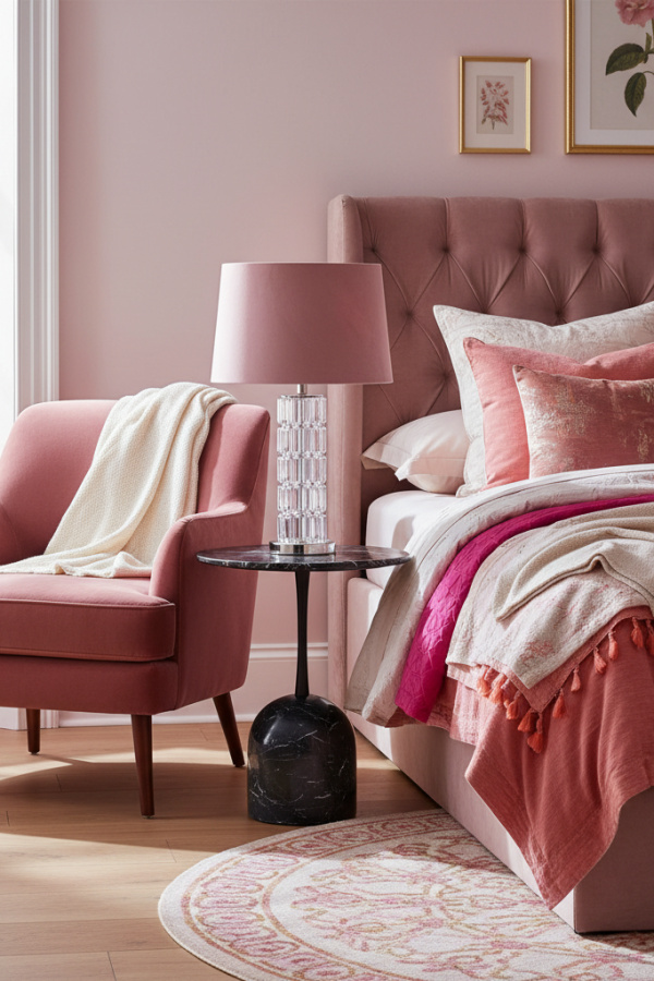 Modern Cozy Charm Bedroom Reading Nook, Blush Velvet Armchair, 1 Black Marble Side Table, 1 Crystal Table Lamp