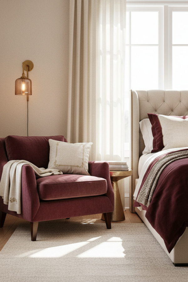 Modern Sultry Chic Bedroom Reading Nook, Burgundy Accent Chair, 1 Cream Linen Pillow, 1 Amber Glass Sconce