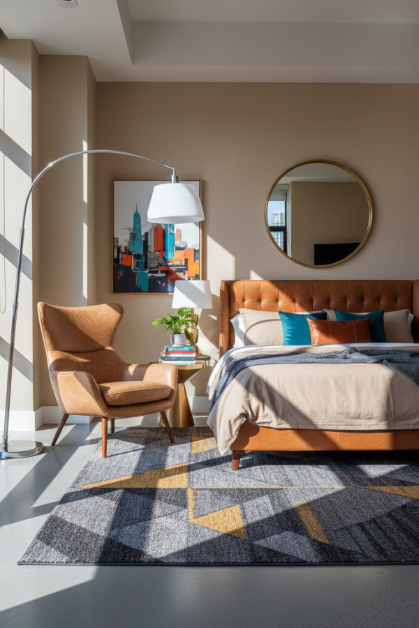 Modern Urban Vibe Bedroom Reading Nook, Taupe Leather Chair, 1 Geometric Rug, 1 Chrome Floor Lamp