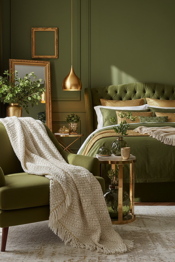 Modern Plush Retreat Bedroom Reading Nook, Olive Green Upholstered Chair, 1 Ivory Throw Blanket, 1 Gold Pendant Light