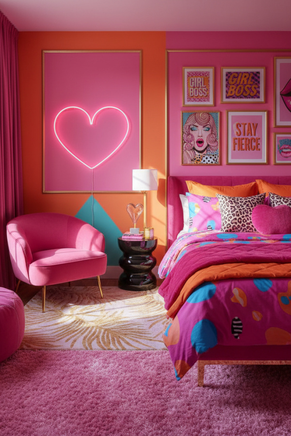 Modern Sassy Pop Bedroom Reading Nook, Hot Pink Velvet Chair, 1 Black Side Table, 1 Neon Heart Light