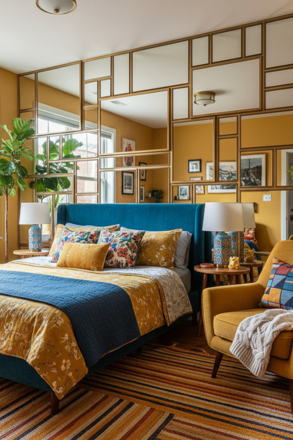 Modern Eclectic Charm Bedroom Reading Nook, Mustard Yellow Armchair, 1 Patterned Cushion, 1 Mirrored Wall Art