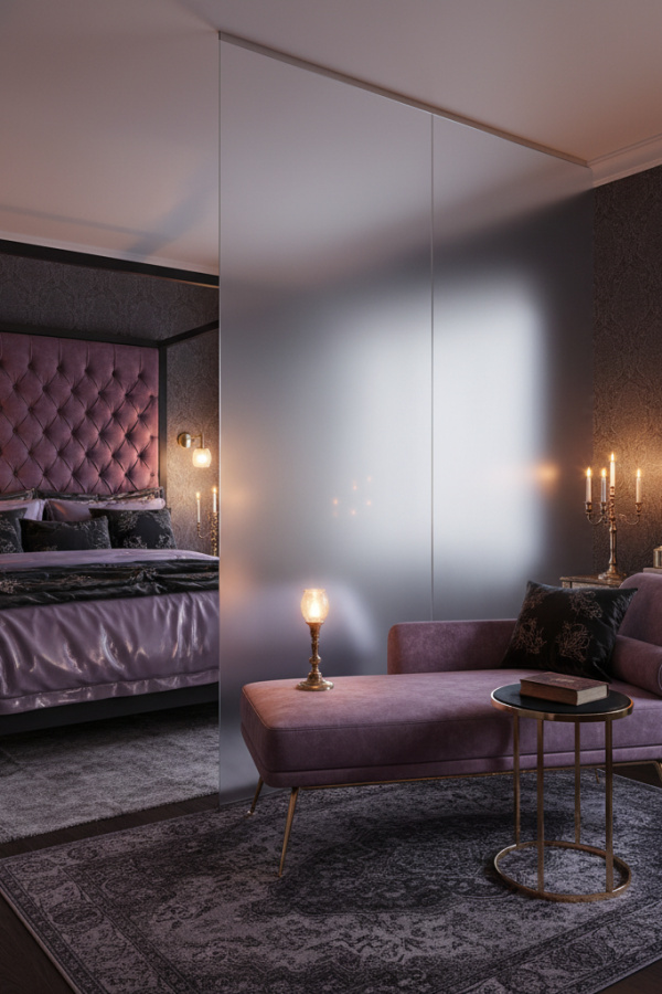 Modern Dark Romance Bedroom Reading Nook, Plum Velvet Chaise, 1 Black Velvet Tray, 1 Frosted Glass Wall Sconce