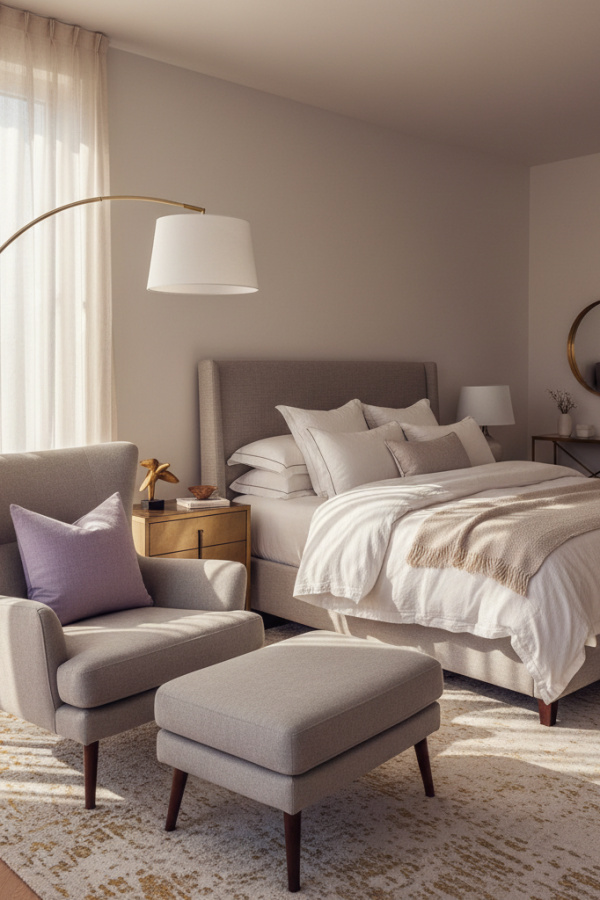 Modern Chic Tranquil Bedroom Reading Nook, Greige Linen Chair, 1 Lilac Throw Pillow, 1 Brass Arc Lamp
