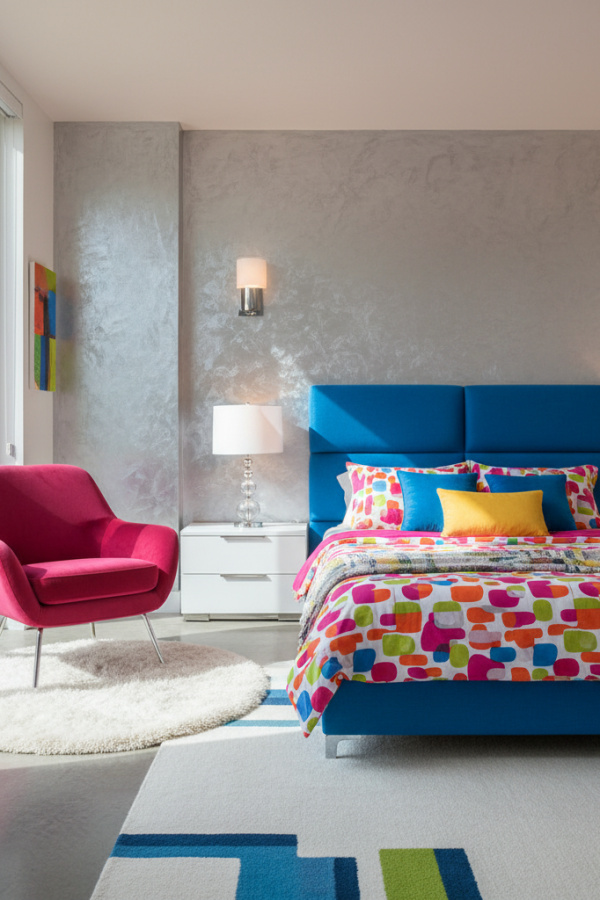 Modern Vibrant Bliss Bedroom Reading Nook, Fuchsia Accent Chair, 1 White Fur Rug, 1 Silver Wall Sconce