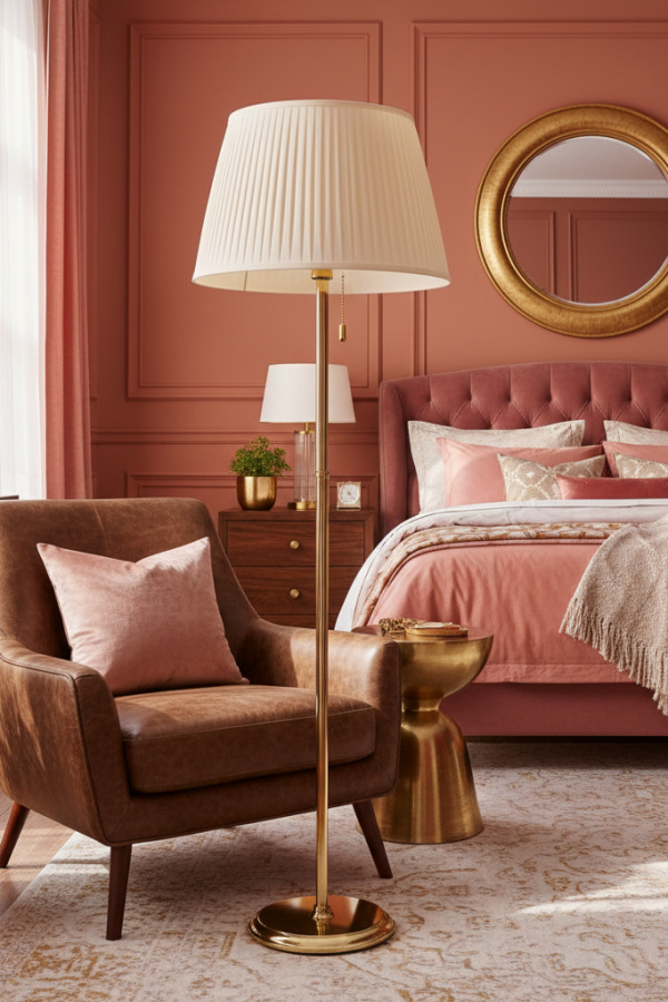 Modern Warm Elegance Bedroom Reading Nook, Chocolate Brown Leather Chair, 1 Blush Silk Cushion, 1 Gold-Framed Lamp
