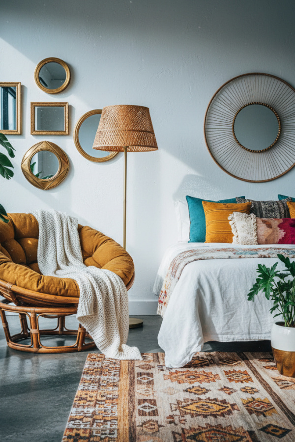 Modern Boho Chic Bedroom Reading Nook, Rattan Lounge Chair, 1 Cream Throw Blanket, 1 Brass Floor Lamp