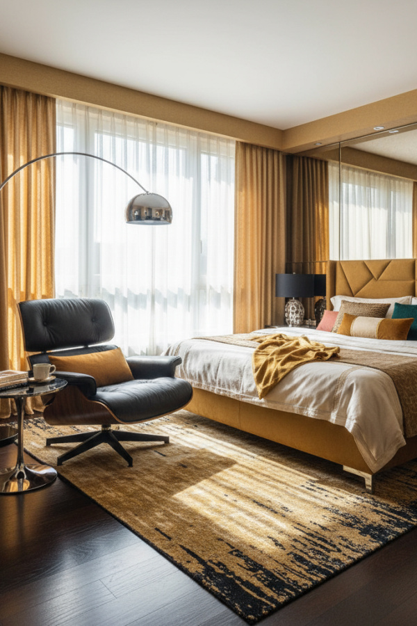 Modern Sleek Sophisticate Bedroom Reading Nook, Black Leather Chair, 1 Mirrored Tray, 1 Chrome Arc Lamp