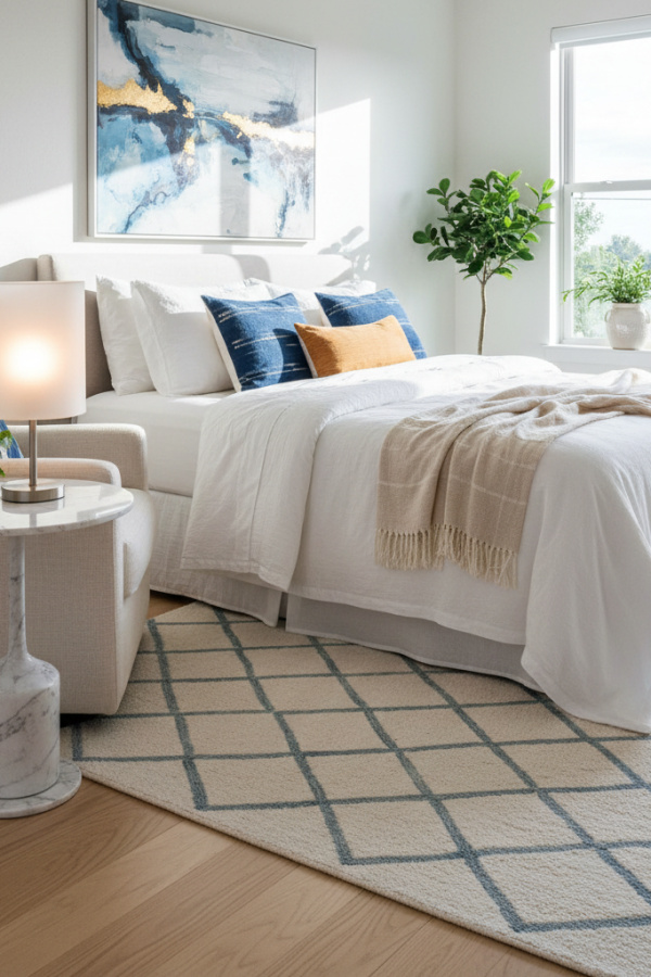 Modern Minimalist Elegance Bedroom Reading Nook, Ivory Linen Armchair, 1 Marble Side Table, 1 Frosted Glass Lamp