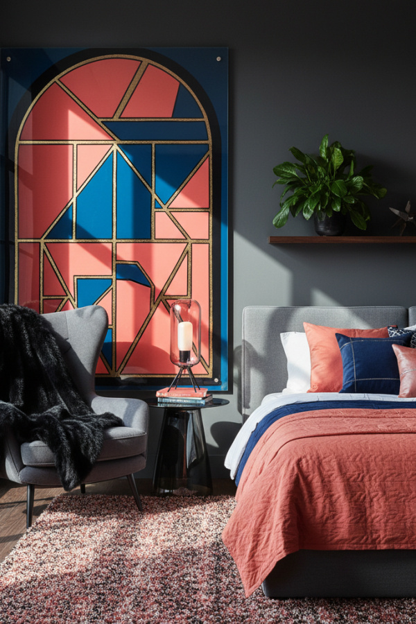 Modern Edgy Vibe Bedroom Reading Nook, Charcoal Gray Wingback Chair, 1 Black Fur Throw, 1 Acrylic Wall Art