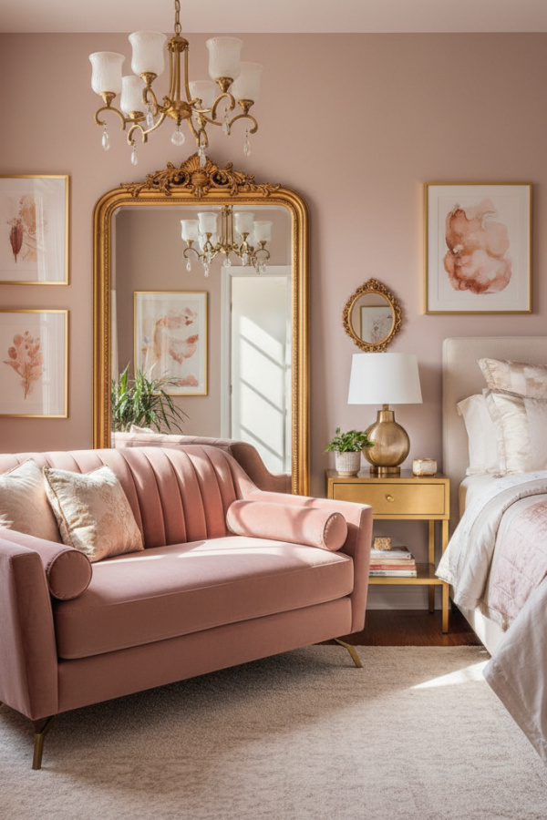 Modern Feminine Bliss Bedroom Reading Nook, Dusty Rose Chaise Lounge, 1 Gold-Framed Mirror, 1 Brass Chandelier