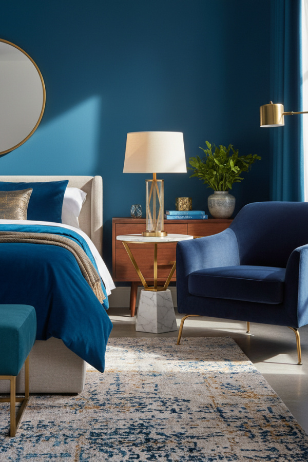 Modern Bold Serenity Bedroom Reading Nook, Navy Velvet Armchair, 1 White Marble Table, 1 Brass Table Lamp