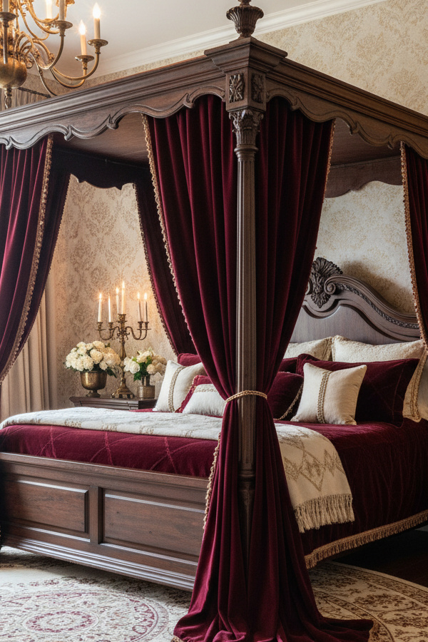 Deep Burgundy Velvet Canopy Bed with Draping Curtains