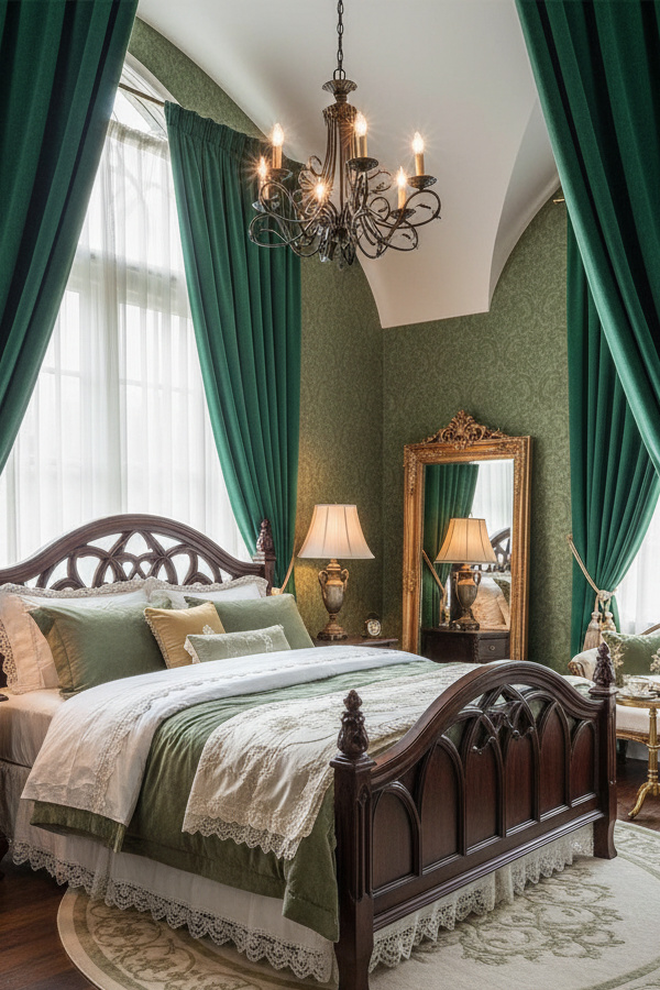 Forest Green Velvet Curtains with Tasseled Tiebacks