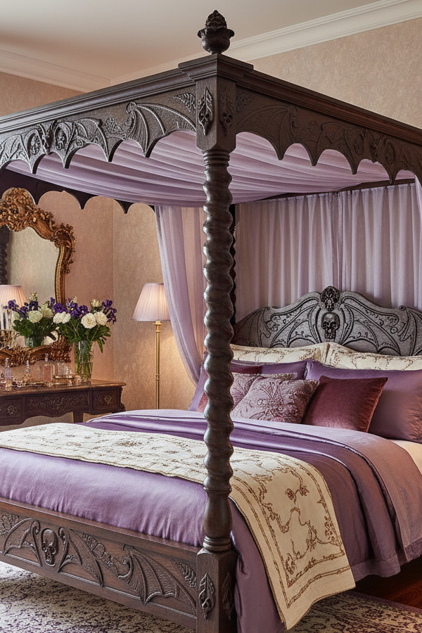 Ornate Carved Wood Four-Poster Bed