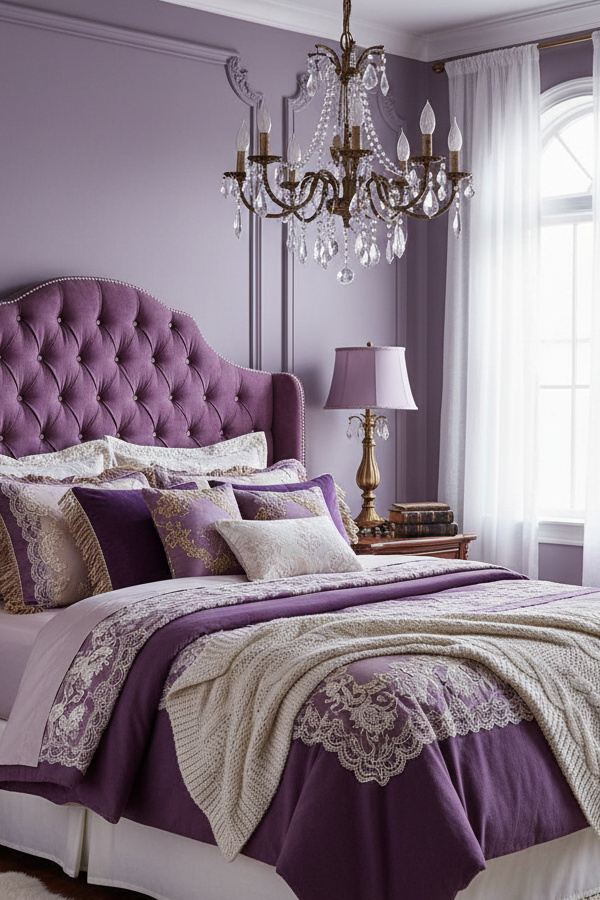 Plum Purple Tufted Headboard with Crystal Buttons