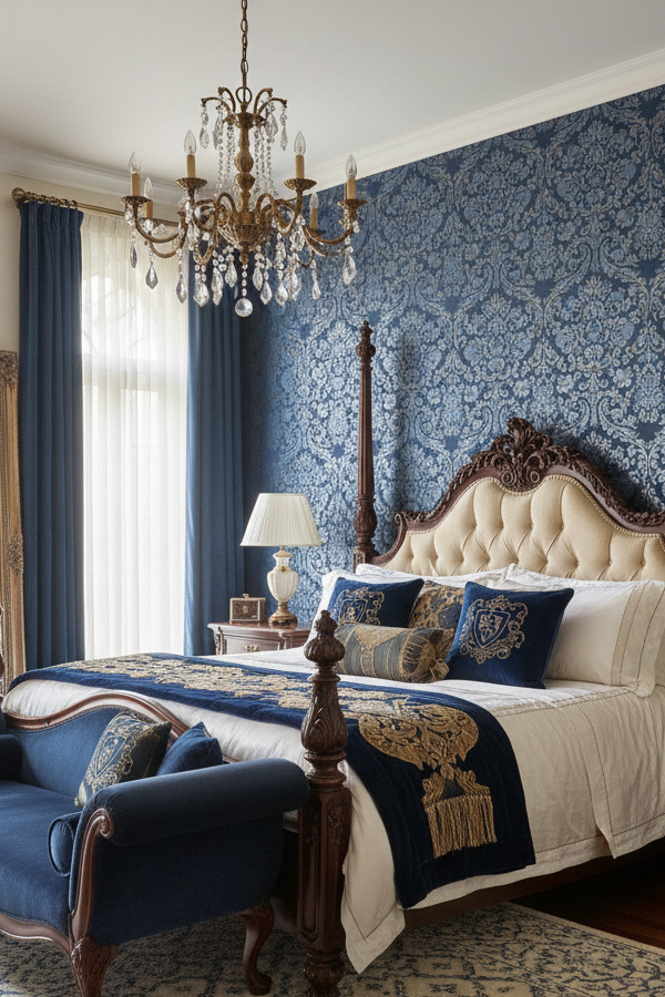 Midnight Blue Damask Wallpaper Accent Wall