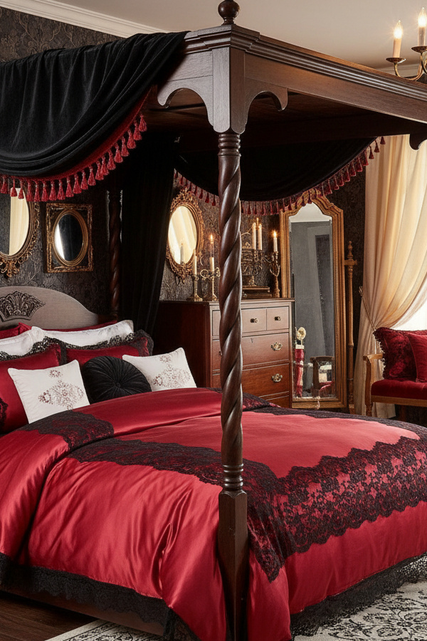 Crimson Red Silk Duvet Cover with Black Lace Trim