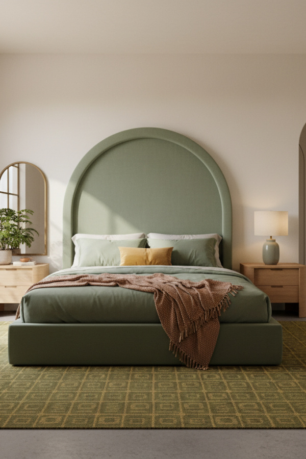 Platform Bed, Sage Green Linen Upholstery, Arched Headboard, Vibrant Organic Modern Bedroom