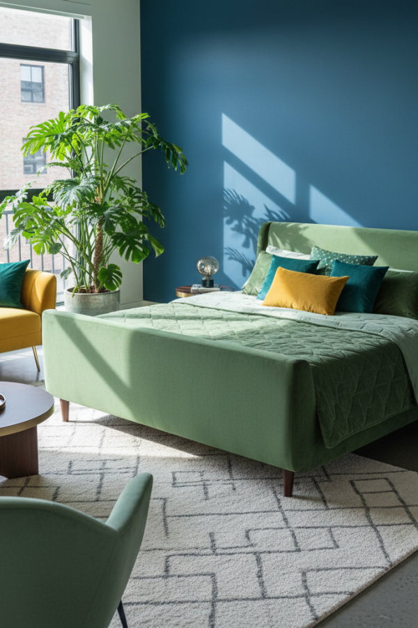 Sleigh Bed, Modern Sage Green Velvet, Curved Contemporary Silhouette, Vibrant Mid-Century Modern Bedroom