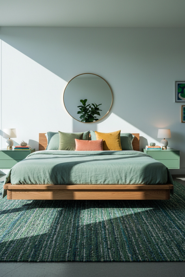 Platform Bed, Ash Wood Frame, Sage Green Cantilevered Nightstands, Sunlit Contemporary Bedroom