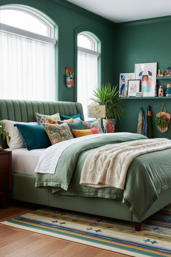Upholstered Bed, Sage Green Performance Linen, Vertical Channel Tufting, Bright Eclectic Bedroom