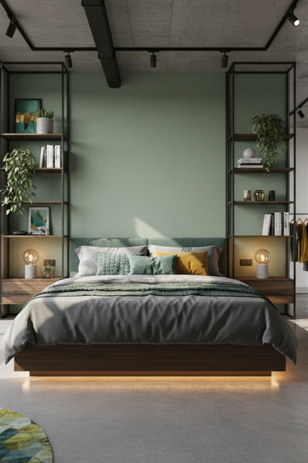 Floating Bed, Sage Green Feature Wall, LED Underlit Base, Modern Industrial Bedroom