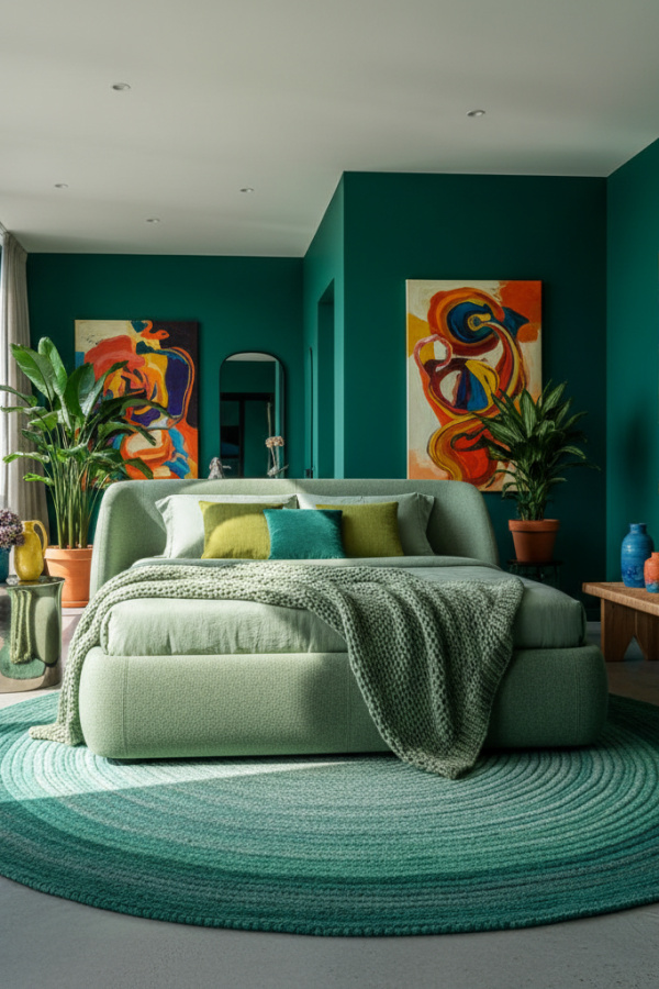 Sculptural Bed, Sage Green Wool Blend, Curved Wraparound Frame, Vibrant Artistic Bedroom