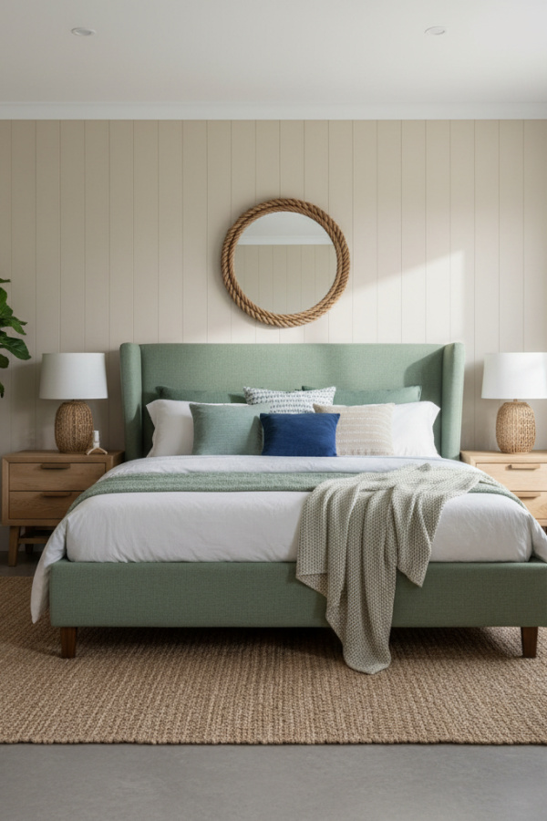 Wing Bed, Sage Green Hemp Fabric, Modern Angular Wings, Sunlit Coastal Contemporary Bedroom