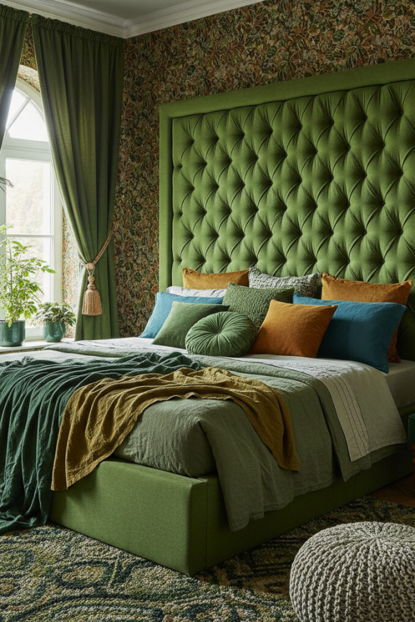 Platform Bed, Sage Green Linen Blend, Plush Tufted Headboard, Elegant Organic Bedroom