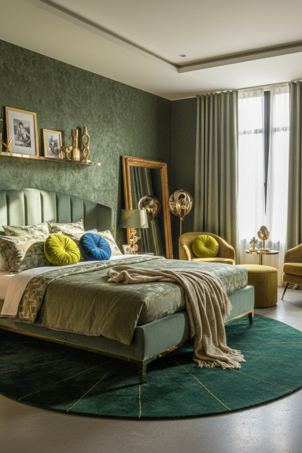 Upholstered Bed, Sage Green Performance Velvet, Rounded Corners, Sunlit Contemporary Bedroom