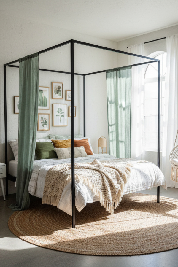 Canopy Bed, Sage Green Sheer Draping, Minimalist Metal Frame, Bright Bohemian Bedroom